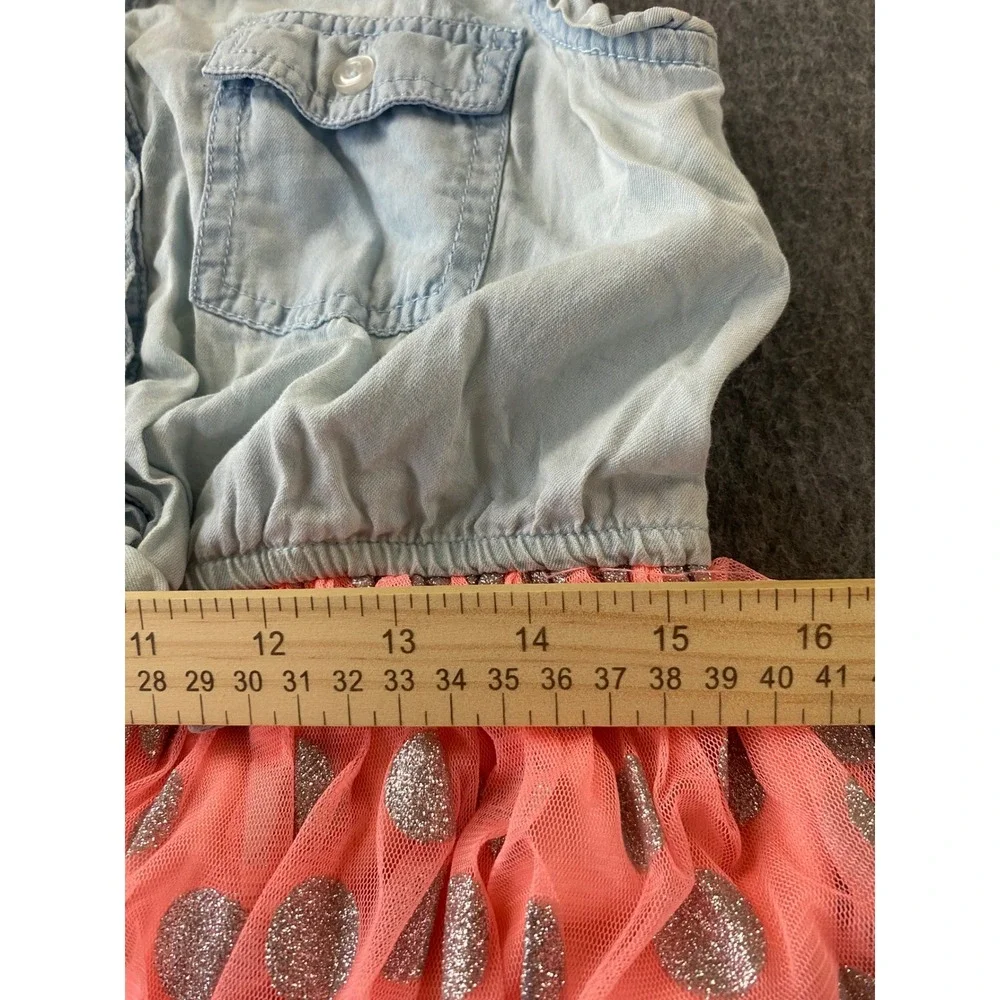 Justice Girls Denim and Coral Pink Tulle Glitter Polka Dot Dress Size 12